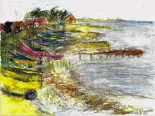 Bunte Boote am Strand von Hasmark, Insel Fyn (Aquarell, 1995)